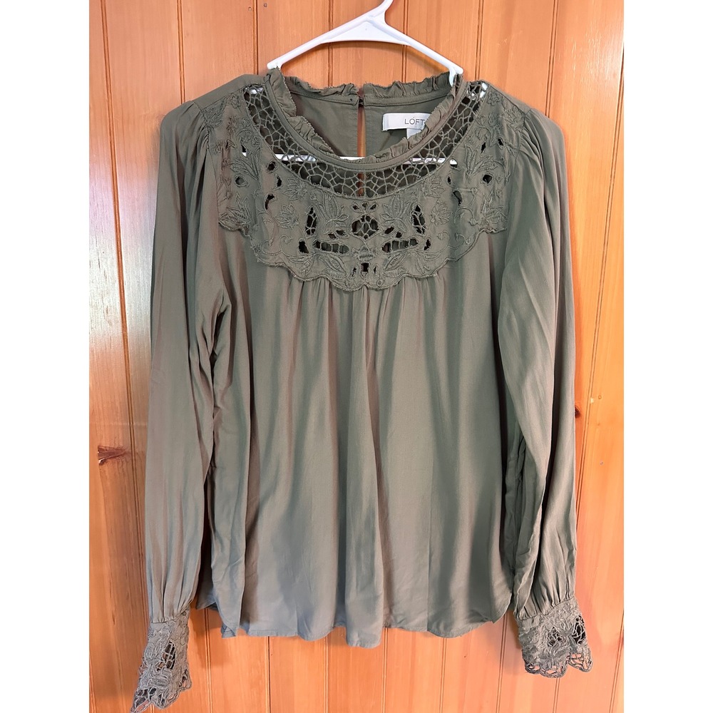 LOFT Olive Green Eyelet Lace Yoke Cottageacore Peasant  Long Sleeve Blouse XS